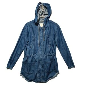 Life in Progress Denim Hooded Utility Jacket Womens Small Blue Frayed Hem Button